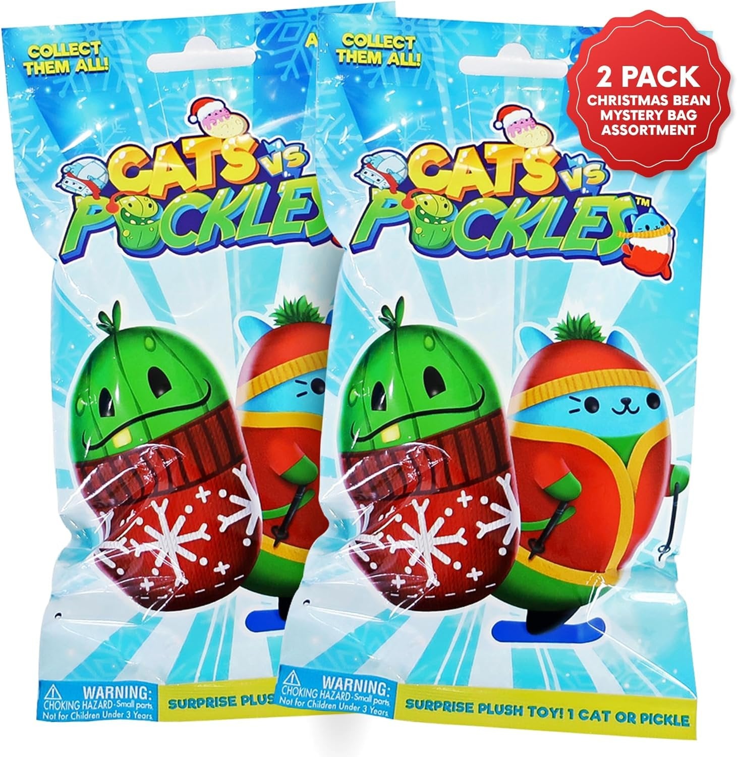 Cats vs Pickles 12pk Christmas Bean Mystery Bags | 4" Bean Filled Plushies for Advent Calendars | Blind Bags for Girls and for Boys | Surprise Bean Collectibles for Kids & Adults | 12-pack