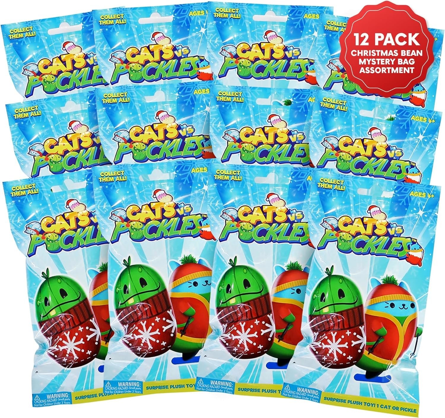Cats vs Pickles 12pk Christmas Bean Mystery Bags | 4" Bean Filled Plushies for Advent Calendars | Blind Bags for Girls and for Boys | Surprise Bean Collectibles for Kids & Adults | 12-pack