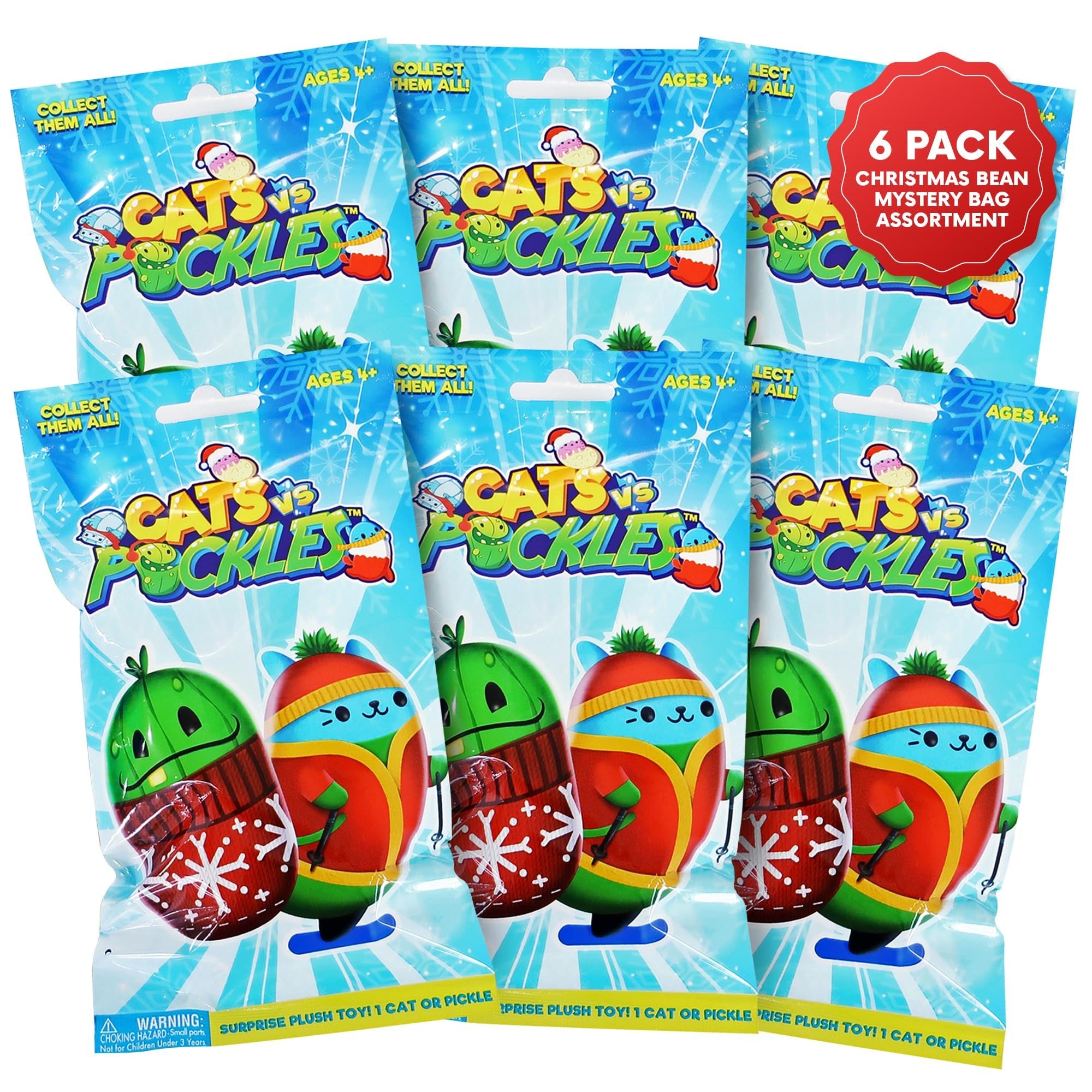 Cats vs Pickles 12pk Christmas Bean Mystery Bags | 4" Bean Filled Plushies for Advent Calendars | Blind Bags for Girls and for Boys | Surprise Bean Collectibles for Kids & Adults | 12-pack